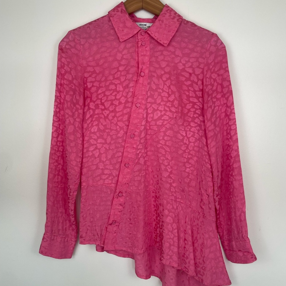 Koché Pink Jacquard Leopard Button Up Blouse Asymmetrical Hem Size 32
